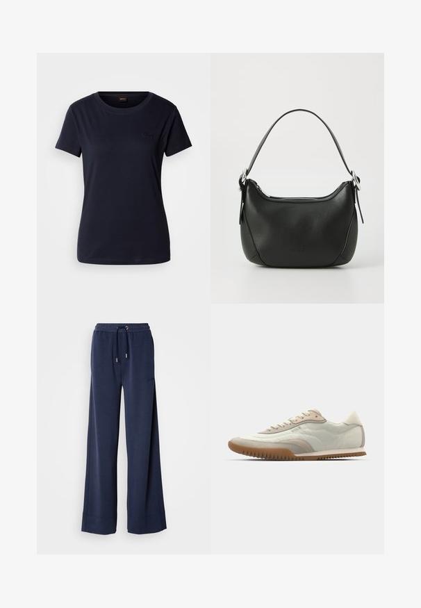 Temno moderna majica s kratkimi rokavi iz bombaža, z okroglim ovratnikom in majhnim vezenim logotipom na prsih. Gladka tekstura.; Mornarske široke hlače iz mehkega blaga, ki imajo elastičen pas s vrvico in logotip na sprednji levi nogi.; Bež in bela športna obutev z gladkim zgornjim delom in semiš detajli, teksturiranim podplatom ter ton v ton šivi. Zavezovanje s podrobnostjo logotipa.; Črna usnjena torbica s curved obliko, srebrnim zadrgo in kratkim ročajem. Na sprednji strani se nahaja subtilen logotip in gladka tekstura.