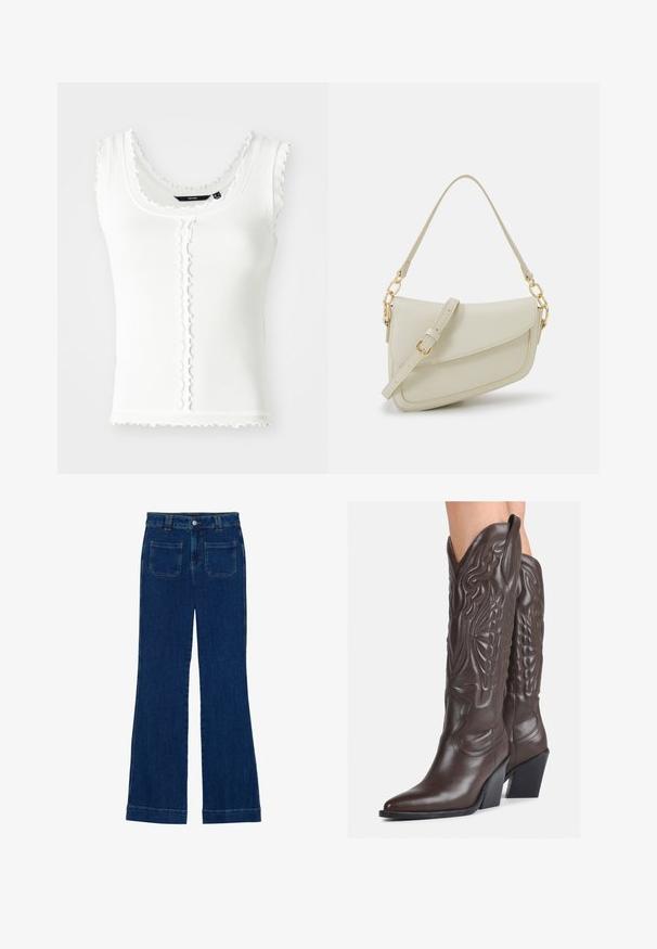 White ribbed tank top featuring scalloped edges, a scoop neckline, and button details along the front. Designed in a fitted shape.; Denim flared jeans in dark blue with a smooth texture, five-pocket design, and a button closure at the waist.; Brown leather cowboy boots with pointed toe and block heel, featuring detailed stitching and raised accents on the shaft.; Small cream handbag with a textured finish, a long adjustable strap, a chain accent, and a flap closure. Gold hardware detailing.