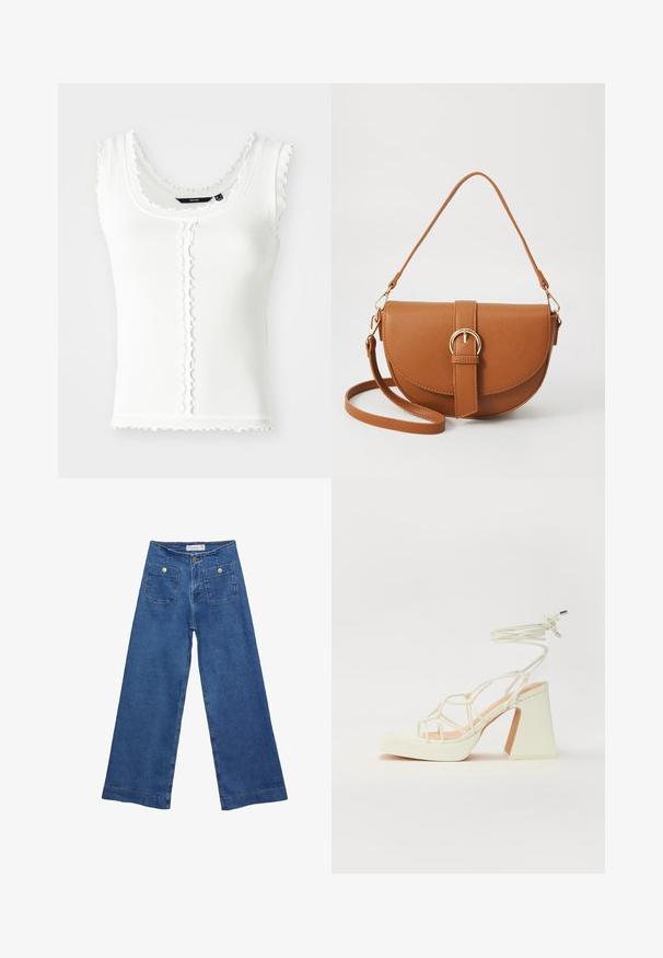 Biela rebrovaná tielko s vlnitými okrajmi, hlbokým výstrihom a detailmi gombíkov po prednej strane. Navrhnuté v priliehavom strihu.; Džínsy s širokými nohavicami v stredne modrej farbe, s dvoma prednými vreckami na gombíkovné zapínanie a šitými detailmi pozdĺž lemov.; Biele sandále na vysokom opätku s hrubým podpätkom, s pruhovaným dizajnom a viazaním na členku. Hladký povrch s platformou vpredu pre zvýšenú výšku.; Hnedá kožená kabelka cez telo s zakriveným tvarom, zlatými kovovými doplnkami a akcentom s prackou. Obsahuje odnímateľný ramenný popruh.