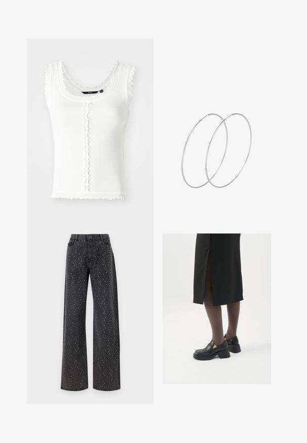 Balta ribota topiņa ar viļņotām malām, apaļu kakla izgriezumu un pogu detaļām priekšpusē. Izstrādāta pieguļošā formā.; Noisy May NMJANNEL LOOSE - Brīva piegriezuma džinsi - black denim; Melni ādas apavi ar noapaļotu purngalu, biezām bloku papēžiem un elastīgiem sānu akcentiem, apvienoti ar tumšām zeķubiksēm un melnu svārku ar šķirbu.; Sudraba gredzenveida auskari ar minimālistisku dizainu. Cirkulāra forma, gluda tekstūra un plāns profils. Vieglu svaru ar spīdīgu apdari.