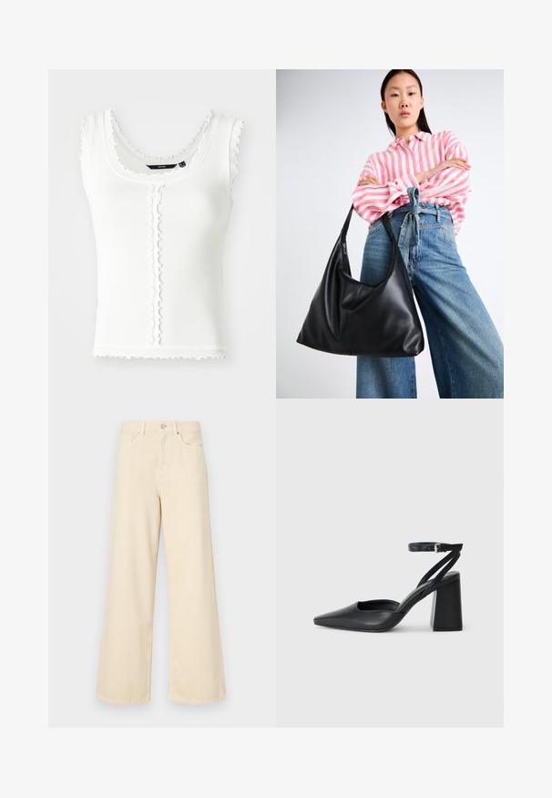 Valge ribaga tank top, millel on lainelised servad, ümar dekoltee ja nööpdetailid esiosal. Kujundatud pingulises stiilis.; Bežid laiad teksad, mis on valmistatud puuvillast. Omab nööbilukku, vöökohakujusid ja eesmine taskuid, millel on sile ja pehme tekstuur.; Mustmustest must-käigukingad, millel on konksuga nöör ja paks konts. Ühtlane tekstuur, stiilne disain ja minimalistlik esteetika.; Must musta õlakott lahtise kuju ja õmbluse detailidega. Mudel kannab roosa ja valge triibulist särki koos laia jalgadega siniste teksadega.