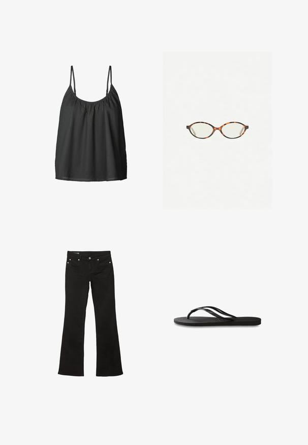 Crna majica bez rukava s tankim podesivim trakama, naboranim dekolteom i slobodnim krojem. Napravljena od lagane tkanine s glatkom teksturom.; Crne široke traperice s glatkom teksturom, s bakrenim metalnim detaljima i tradicionalnim dizajnom s pet džepova.; Crne japanke s teksturiranom gumenenom potplatom, dva uska remena i suptilnim, urezanim logom na remenu.; Naočale u boji kornjače s ovalnim staklima i elegantnim, glatkim završetkom. Imaju tanke strane s suptilnom krivuljom na sljepoočnicama. Prozirna stakla.