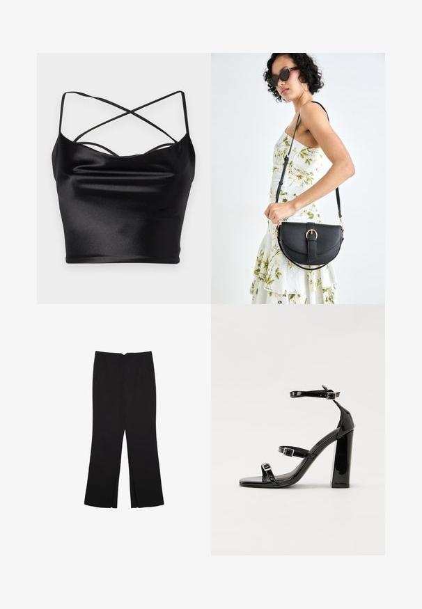 Crna satenasta košulja sTajljednog dizajna, s tankim križnim trakama i glatkom teksturom, naglašavajući elegantnu siluetu.; Crne hlače ravnog kroja, s prednjim džepovima i bočnim prorezima na rubu. Izrađene od mekog i glatkog materijala. Pogodne za razne prigode.; Crne lakirane sandale na pete sa kvadratnim nosom, trakama oko gležnja i srebrnim kopčama. Imaju čvrst blok petu za stabilnost.; Crna kožna torba s lukovitim oblikom, odvojivim remenom i zlatnim detaljima. Torba ima preklop s kopčom.