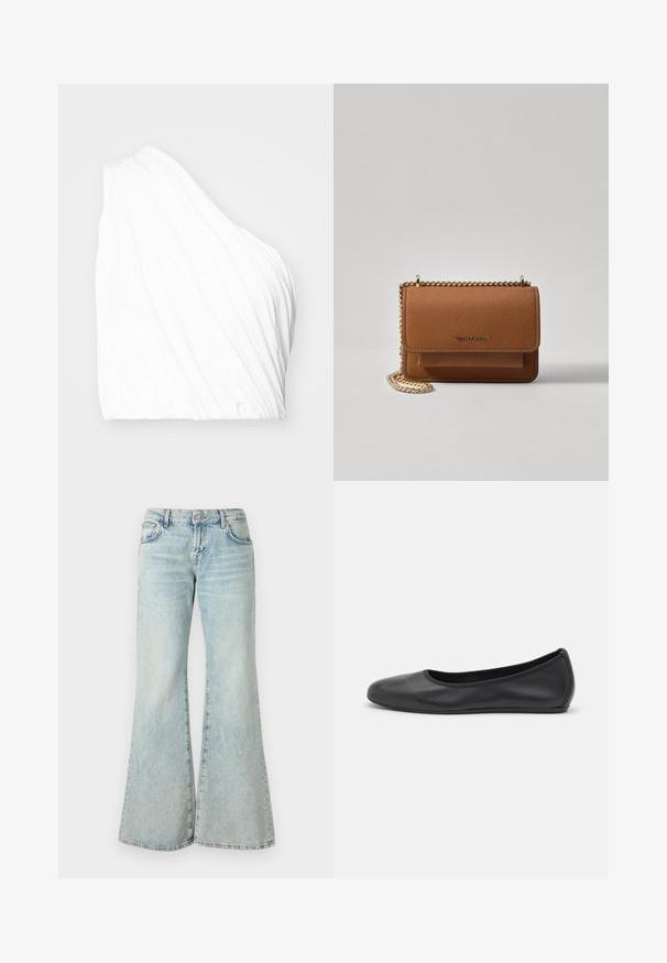 Asymmetrical white top made of lightweight fabric, featuring draped texture and elastic hem. Smooth surface with soft, flowing lines.; Light blue flared jeans made from denim, featuring a high waist, pockets, and frayed hems. The fabric displays a faded wash and subtle texture.; Black leather ballet flat with a rounded toe, smooth texture, minimal stitching detail, and a flexible sole design.; Brown textured leather crossbody bag with gold chain strap and flap closure. Front features logo detail and a pocket under the flap.