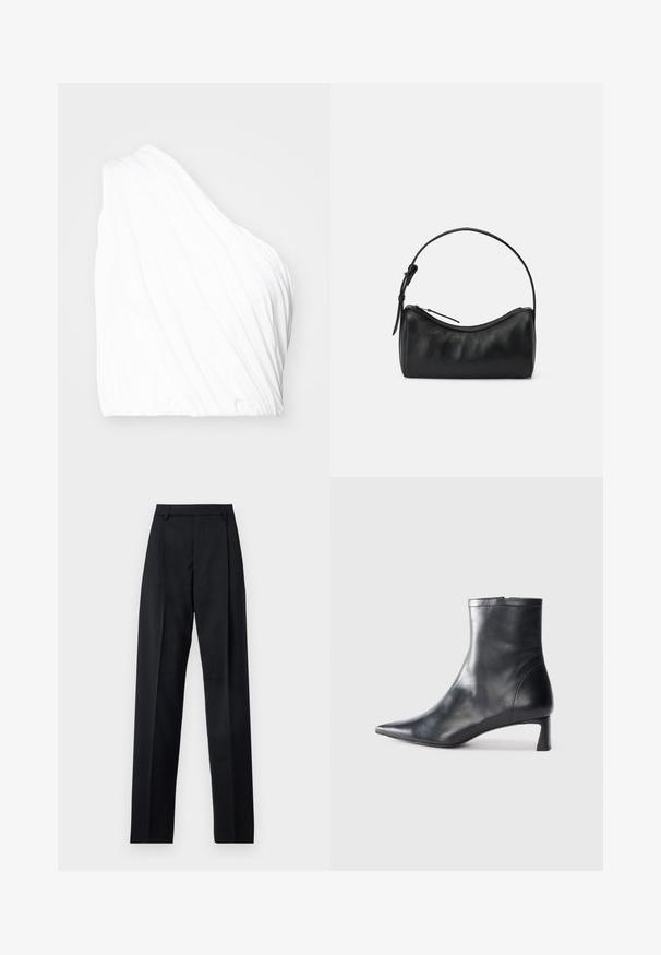 Top bianco asimmetrico realizzato in tessuto leggero, con texture drappeggiata e orlo elasticizzato. Superficie liscia con linee morbide e fluide.; Pantaloni neri realizzati in tessuto morbido, caratterizzati da vita alta, gambe larghe, pince frontali e classiche passanti per cintura. Non ci sono tasche laterali visibili.; Stivaletto in pelle nera con punta affusolata e design elegante. Presenta un tacco basso e una chiusura con zip sul retro. Texture liscia.; Borsa a tracolla in pelle nera con un design curvo, chiusura a zip e una tracolla sottile. Presenta una texture liscia e dettagli di cucitura discreti.