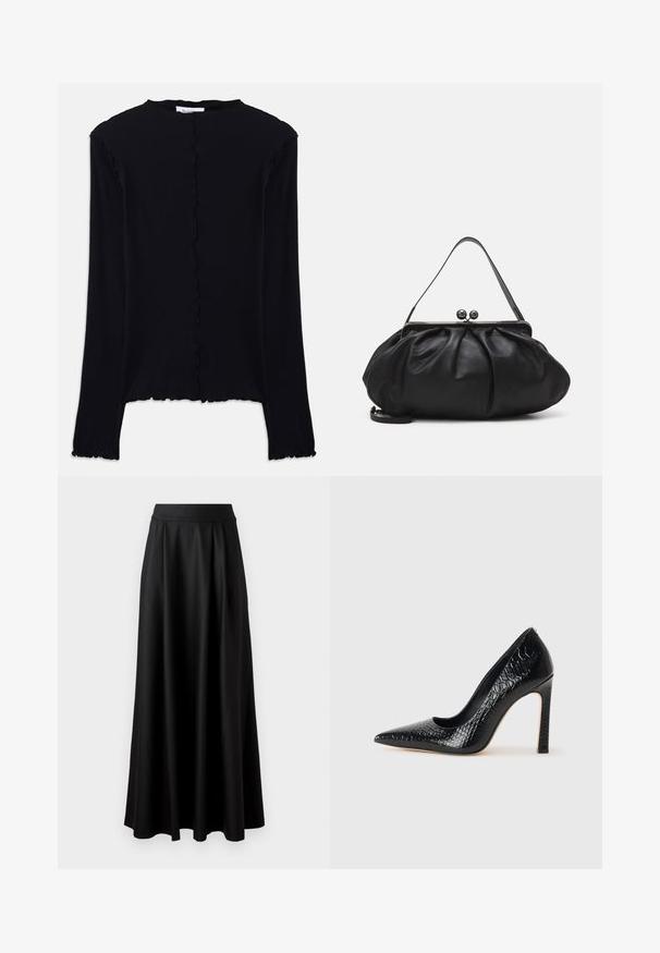 Schwarz langärmliges Oberteil aus weichem Stoff. Mit einem gewellten Ausschnitt und Saum, simplem, tailliertem Design. Keine zusätzlichen Verzierungen.; Schwarzer, bodenlanger Rock mit glatter Textur, weitem Bund und plissiertem Design, ohne sichtbare Muster oder Verzierungen.; Schwarzer, spitz zulaufender High Heel mit Krokodilleder-Struktur, elegantem Design, hohem Stiletto-Absatz und glattem schwarzen Innenraum.; Schwarze Lederhandtasche mit einer runden, gefalteten Form. Verfügt über einen metallischen Verschluss mit zwei dekorativen Kugeln und einem schmalen, abnehmbaren Tragegurt.
