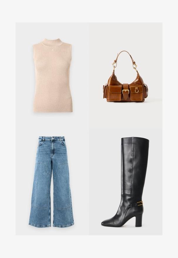 Sleeveless, high-neck top in soft beige ribbed knit. Features subtle sheen, fitted shape, and small logo accent at the neckline.; Light blue denim wide-leg jeans with a high waist, large front pockets, and visible stitching. Features a classic five-pocket design.; Black leather knee-high boot with a pointed toe and a chunky heel. Features a gold-tone accent strap around the ankle. Smooth texture.; Brown leather handbag with a curved shape, dual gold-tone hardware, two front pockets, and a wide strap. Smooth texture with a sleek finish.