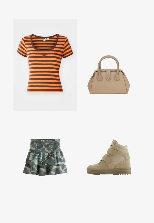 Raitapaita, jossa on oransseja ja ruskeita sävyjä, valmistettu ribbikankaasta. Ominaisuuksiin kuuluvat pyöreä kaula-aukko ja lyhyet hihat, sydänlogo rinnassa.; Hame kamiilika puthuu tiiriit jaakso, jossa on venytettävä vyötärö, sisältäen kolme röyhelökerrosta hillityissä vihreissä ja harmaissa sävyissä. Kevyt kangas.; Beige korkeavartiset tennarit, joissa on nahka- ja verkkomateriaali, säädettävät tarranauhat sekä paksu kumipohja, jossa on sahalaitakuvio.; Beige nahkahandbag, jossa on pyöreät yläpohjat, kaksi pyöreää yksityiskohtaa ja rakenteellinen muoto. Varustettu keskellä olevalla läpällä ja kultaisella vetoketjulla.; Kaksi kultasormusta on esillä, toinen paksu ja pyöreä, toinen ohut ja litteä. Molemmissa on sileä, kiiltävä pinta ja kiillotettu viimeistely.