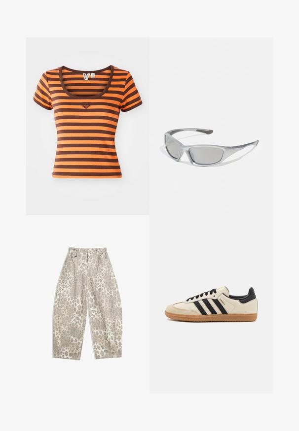 Gestreepte T-shirt in oranje en bruine tinten, gemaakt van ribbelstof. Heeft een ronde halslijn en korte mouwen, met een hartlogo op de borst.; Leopardprint broek in een lichtbeige kleur, met een hoge taille, brede pijpen en twee voorkruiszakken. Gemaakt van een soepel materiaal.; Beige sportieve schoen met zwarte strepen, gumrubberen zool en zwarte accenten. Beschikt over een gladleren bovenkant en een ronde neusdesign.; Grijze zonnebril met een slank, lichtgewicht kunststof montuur. Beschikt over getinte grijze lenzen en textuuraccenten aan de zijkanten voor extra grip.; Zwarte en zilveren adidas-handtas met een gladde textuur, voorzien van een glanzend gestofd patroon en een onderscheidend gebogen ontwerp.