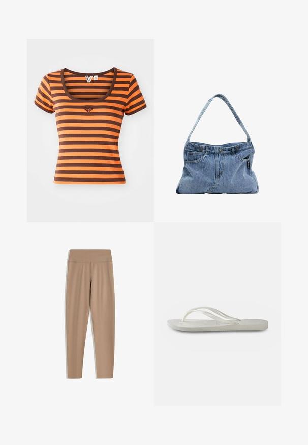 Stribet T-shirt med orange og brune nuancer, lavet af ribbet stof. Har en rund halsudskæring og korte ærmer, med et hjerte-logo på brystet.; Tan leggings med høj talje, lavet af glat, strækbart materiale. Har en strømlinet pasform og ingen synlig hardware eller mønstre.; Hvide flip-flops med en tekstureret sål, der har tynde stropper og et fladt design. Lavet af gummi med et subtilt logo på indersiden.; Denim skuldertaske med en buet rem, to forlommer og en knaplukning, der har lyseblåt stof og kontrasterende syninger.