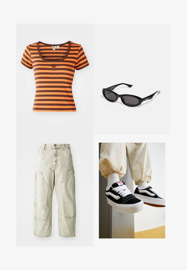 Stripet t-skjorte med oransje og brune nyanser, laget av ribbet stoff. Har rund hals og korte ermer, med et hjerte-ikon på brystet.; Lys grønne vide cargo bukser lavet af denim, med store sidelommer, en knap- og lynlåslukning og synlige syninger.; Sorte og hvite semskede sneakers med flate hvite snørebånd, teksturerte gummisåler og sidestroppedesign. Brukt med kremfargede tapered bukser.; Sorte ovale solbriller med mørke linser. Ramme er slank, litt glosset plast med skrå ender og subtil merkevare på stengene.