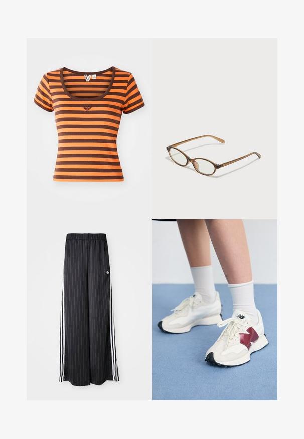 Juostuota marškinė su oranžiniais ir rudi tonais, pagaminta iš raižyto audinio. Yra apvali kaklo iškirptė ir trumpomis rankovėmis, o krūtinėje yra širdies logotipas.; Juodi plačių kojų kelnių su vertikaliomis baltomis juostelėmis, elastinga juosmens juosta ir trimis baltomis juostelėmis šone. Adidas logotipas priekyje.; Balti sportbačiai su bordo akcentais, tekstūriniais paviršiais, plokščiomis juodomis pado dalimis ir šviesiomis raišteliais, dėvimi su baltais kulkšnų ponoškais.; Rudos aukso dėklai su ovaliais lęšiais, plonomis kojelėmis ir skaidriais akcentais. Ant šventyklos yra subtilus logotipas. Plonas, lengvas dizainas.