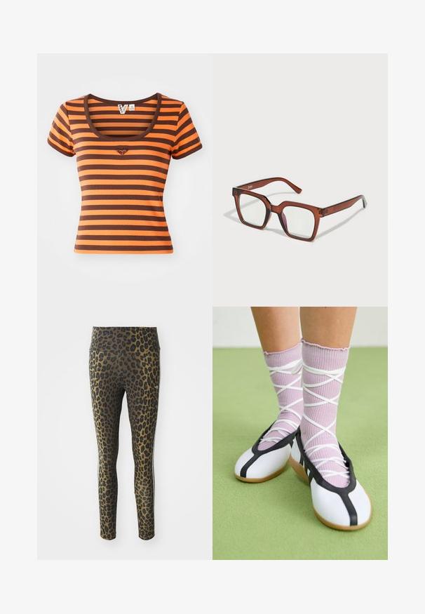 Pruhované tričko s oranžovými a hnedými odtieňmi, vyrobené z rebrovaného materiálu. Má zaoblený výstrih a krátke rukávy, s logom srdca na hrudi.; Legíny s leopardím vzorom s vysokým pásom, elastickou tkaninou a čiernymi akcentmi na svetlohnedom podklade, navrhnuté pre pohodlie a prispôsobenie.; Biele ploché topánky s čiernymi ozdobami a podrážkou, doplnené svetlopurpurovými rebrovanými ponožkami s bielymi krížovými pásikmi. Umiestnené na zelenom pozadí.; Hnedé nadmerné obdĺžnikové okuliare s priehľadnými šošovkami a jemným ružovým odtieňom na pravej šošovke. Plastový rám s hladkým povrchom.