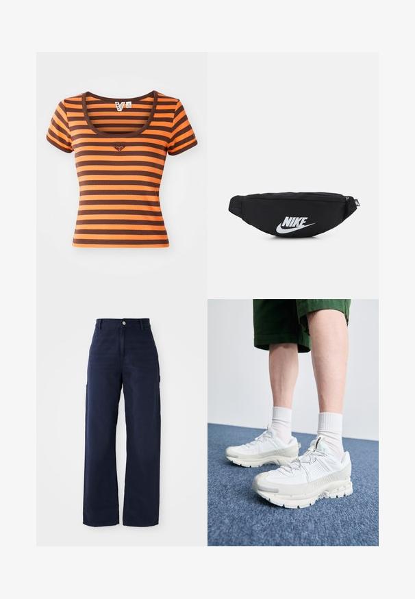 Stribet T-shirt med orange og brune nuancer, lavet af ribbet stof. Har en rund halsudskæring og korte ærmer, med et hjerte-logo på brystet.; Mørkeblåvidde cargo bukser fremstillet af et robust bomuldsstof, der har sidelommer og en knaplukning i taljen.; Hvide atletiske sko med teksturerede overlays, en chunky sål og grå accenter. Båret med hvide ankelstrømper og grønne shorts på en blå overflade.; Sort nylon bæltetaske med lynlås, der har et stort hvidt Nike-logo. Glat tekstur og ergonomisk design for komfortabel bæring.
