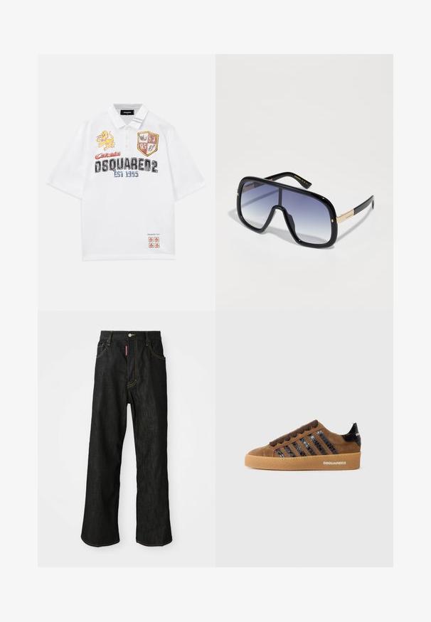 Biele polokošeľa so vyšitými grafikami, vrátane dizajnov leva a štítu. Krátke rukávy, zapínanie na gombíky, voľný strih.; Čierne rovné džínsy so žltým prešívaním, s piatimi vreckami, so zapínaním na gombík a malou červenou nášivkou na prednom pravom vrecku.; Hnedé semišové tenisky s čiernymi lakovými pruhmi, šnurovanie vpredu a gumová podrážka. Obsahuje značkový detail na zadnej päte.; Prehnané čierne slnečné okuliare so gradientnými fialovými sklami, lesklým povrchom a zlatými akcentmi na ráme. Rám je obdĺžnikového tvaru.