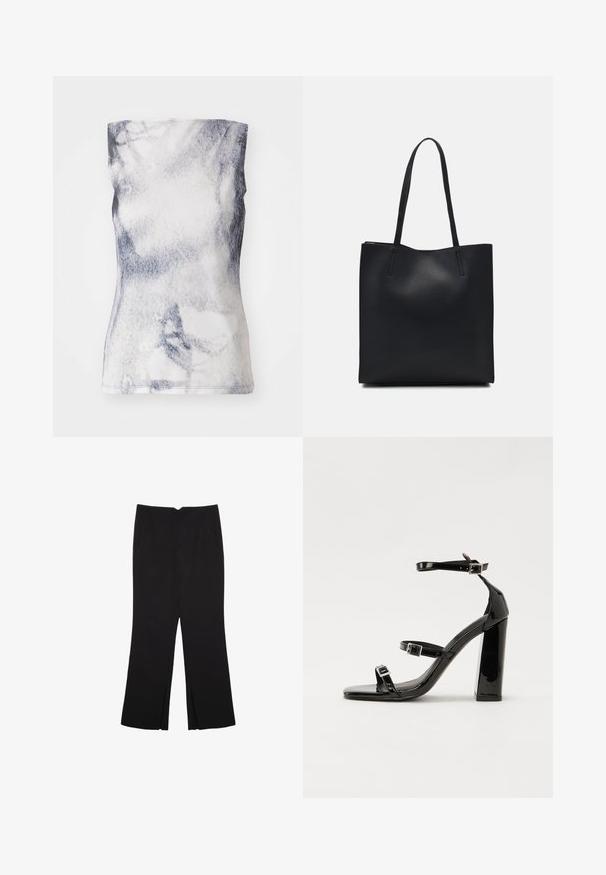 Top brez rokavov iz mehkega blaga, ki ima sivo-belo abstraktno vzorčenje. Oblika je oprijetega kroja z okroglim izrezom in subtilnim šivom.; Črne hlače ravnega kroja z naglavnimi žepi in stranskimi razporki na robu. Narejene iz mehke, gladke tkanine. Primerne za različne priložnosti.; Črne lakirane sandale s peto, kvadratnim prstom, trakovi okrog gležnja in srebrnimi zaponkami. Opremljene so s stabilno Debelo peto.; Črna usnjena torba s svilnato teksturo, pravokotne oblike in dvema dolgima ročajema. Brez vidnih metalnih delov ali okrasnih elementov.