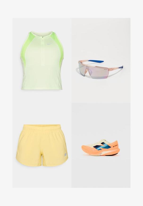 Haut sans manches ajusté en vert clair avec des panneaux en mesh respirants. Doté d'une fermeture éclair à l'avant et d'un logo Nike subtil. Texture lisse.; Shorts de sport jaunes avec une taille élastique et un petit logo gris en bas à droite. Tissu lisse, léger et coupe courte.; Chaussure de course avec une tige légère couleur crème, un logo bleu et des accents orange sur la semelle. Texture en maille pour la respirabilité.; Lunettes de soleil Nike Course avec une monture transparente pêche, des accents bleus et des verres irisés. Design angulaire avec une esthétique sportive.