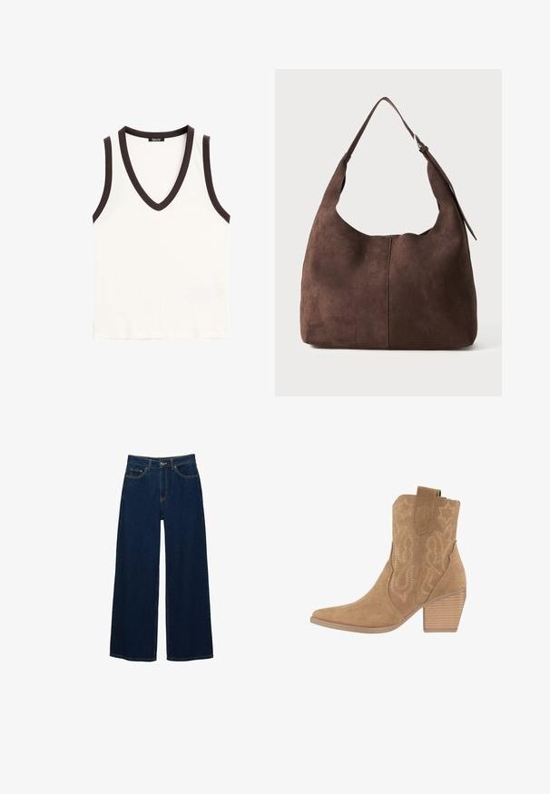 Mouwloos wit tanktop met een diepe V-hals en donkerbruine afwerking rond de halslijn en de armsgaten.; Gecontroleerde beige shirt met bruine en blauwe ruitpatronen, kraag en knoopsluiting. Gemaakt van zachte stof met een gladde textuur.; Brede donkerblauwe jeans van denim, met een hoge taille, contrasterende stiksel, voorzakken en een knoop-rits sluiting.; Lichtbruine suède enkellaarsjes met een puntige neus, decoratieve stiksels en een gestapeld houten hak. Zijkant trektab voor gemakkelijk aan- en uittrekken.; Bruine suède schoudertas met een slouchy vorm, enkele brede schouderriem en een naaddetail aan de voorkant. Gladde textuur, minimale hardware.