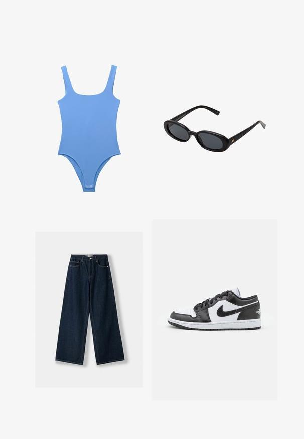 Costum de baie de culoare albastru deschis, cu decolteu rotund, bretele late, picioare tăiate înalt și un material neted, elastic. Previne închidere cu capse în partea de jos.; Jeansi largi, de culoare albastru închis, realizați din denim. Au cinci buzunare, închidere cu nasture și fermoar, și detalii de cusătură în contrast.; Sneakers Nike cu talpă joasă, alb-negru, prezintă un superior din piele netedă, vârf rotund, închidere cu șireturi și o talpă din cauciuc cu model.; Ochelari de soare supradimensionați, cu lentile ovale, cadru din plastic neted și accente aurii pe brațe. Lentilele întunecate oferă protecție solară.; Geantă de umăr din piele întoarsă maro închis, cu curea reglabilă, accesorii aurii și o clapetă mare în față pentru închidere.