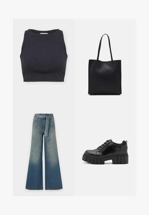 Fekete bordázott crop top, kerek nyakkivágással és ujjatlan kialakítással. Simaság, testhezálló forma és minimalista stílus jellemzi.; Bőszárú farmernadrág, világos és sötétkék árnyalatokkal, magas derekú, övgyűrűkkel és a nadrággal megegyező anyagú övvel. Textúrált farmer kivitel.; Fekete bőr platform cipők vaskos blokk sarkakkal, kerek orral és hagyományos fűzős kialakítással. Simára csiszolt felület és minimális részletezés jellemzi.; Fekete bőrtáska sima felszínnel, téglalap alakú, két hosszú füllel. Nincs látható fémkiegészítő vagy díszítés.