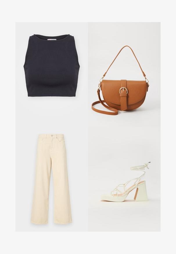 Top cropped preto com padrões em relevo, gola redonda e design sem mangas. Textura suave, forma ajustada e estilo minimalista.; Jeans de perna larga bege feitos de algodão. Apresentam um fecho de botão, passadores para cinto e bolsos frontais com uma textura lisa e suave.; Sandálias brancas de salto alto com um salto robusto, apresentando um design com tiras e amarração no tornozelo. Textura suave com uma plataforma na frente para altura adicional.; Bolsa transversal de couro castanho com um formato curvado, ferragens douradas e um detalhe de fivela. Inclui uma alça de ombro destacável.
