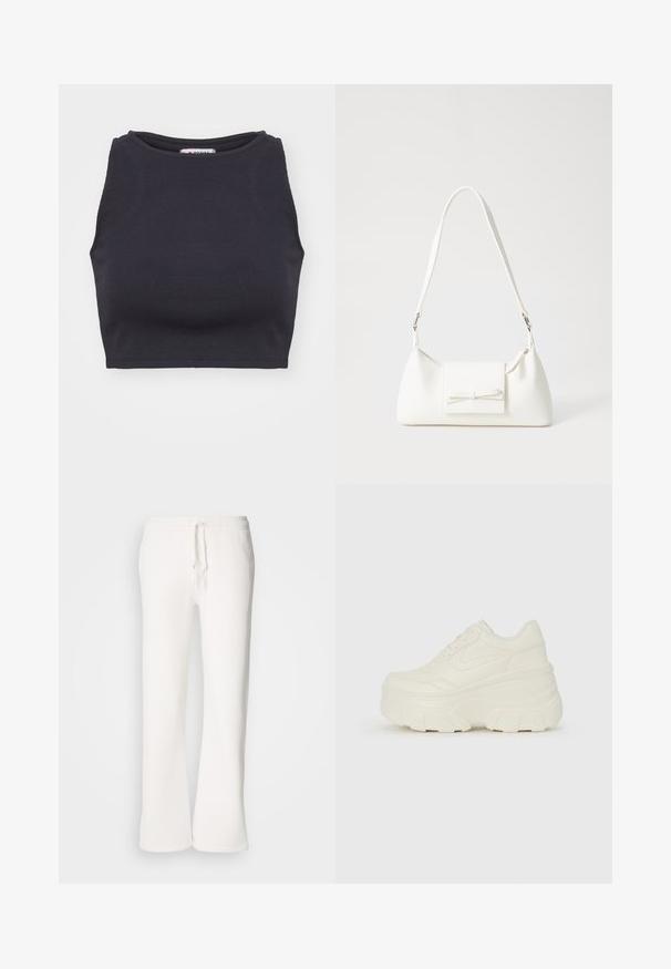 Top cropped preto com padrões em relevo, gola redonda e design sem mangas. Textura suave, forma ajustada e estilo minimalista.; Calças de fato brancas, de corte descontraído, feitas de um tecido macio, com um cós elástico e um cordão de ajuste, apresentando um design de pernas retas.; Tênis brancos de plataforma com um cabedal suave semelhante a couro, formato arredondado, colarinho acolchoado e sola de borracha texturizada com ranhuras bem definidas.; Mala sintética branca com formato triangular, aba frontal plana e detalhe de laço, alça ajustável, textura suave e design minimalista.