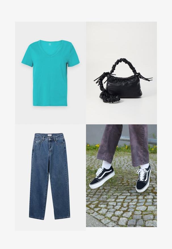 Tyrkysové bavlněné tričko s výstřihem do V a krátkými rukávy, s hladkou strukturou a minimalistickým designem. Logo Gap na výstřihu.; Klasické modré džíny z denimu se střihy rovné nohy, pěti kapsami a zapínáním na knoflík. Mají střední odstín a odolnou texturu.; Černé semišové tenisky s bílými akcenty, s zaoblenou špičkou, silnou bílou podrážkou a klasickým šněrovacím designem, nošeny s bílými ponožkami a fialovými kalhotami.; Černá kabelka z umělé kůže s krokodýlím vzorem, staženým vrškem a zmačkaným popruhem. Zdá se, že má měkký a kompaktní design.