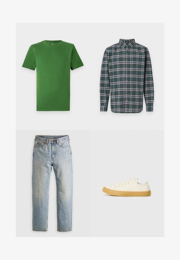 Zelené bavlněné tričko s kulatým výstřihem a krátkými rukávy. Hladký povrch; žádné viditelné vzory nebo ozdobné prvky.; Zelená flanelová košile s kostkovaným vzorem, která obsahuje modré, bílé a hořčičně žluté pruhy. Zapínání na knoflíky a špičatý límec. Dlouhé rukávy.; Svetle modré džíny z denimu s vysokým pasem, předním knoflíkem, zipem a designem s pěti kapsami, ležící rovně na neutrálním pozadí.; Plátěné tenisky v krémové barvě s kulatou špičkou, s béžovými gumovými podešvami a pěti očky na tkaničky, texturovaný povrch horní části.