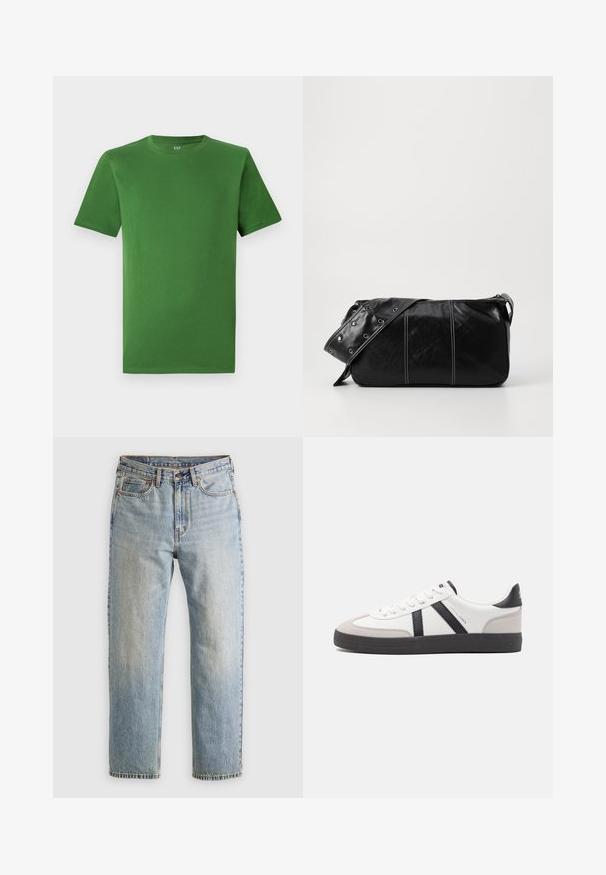 Green cotton t-shirt with a crew neckline and short sleeves. Smooth texture; no visible patterns or embellishments.; Light blue denim jeans with high waist, front button, zipper, and five-pocket design, laid flat on a neutral background.; White sneaker with black and gray accents, featuring a textured gray toe cap, black rubber sole, and flat white laces. Clean design, minimalist style.; Black leather shoulder bag with a zip closure, featuring a textured body, white stitching, and a strap with silver grommets.