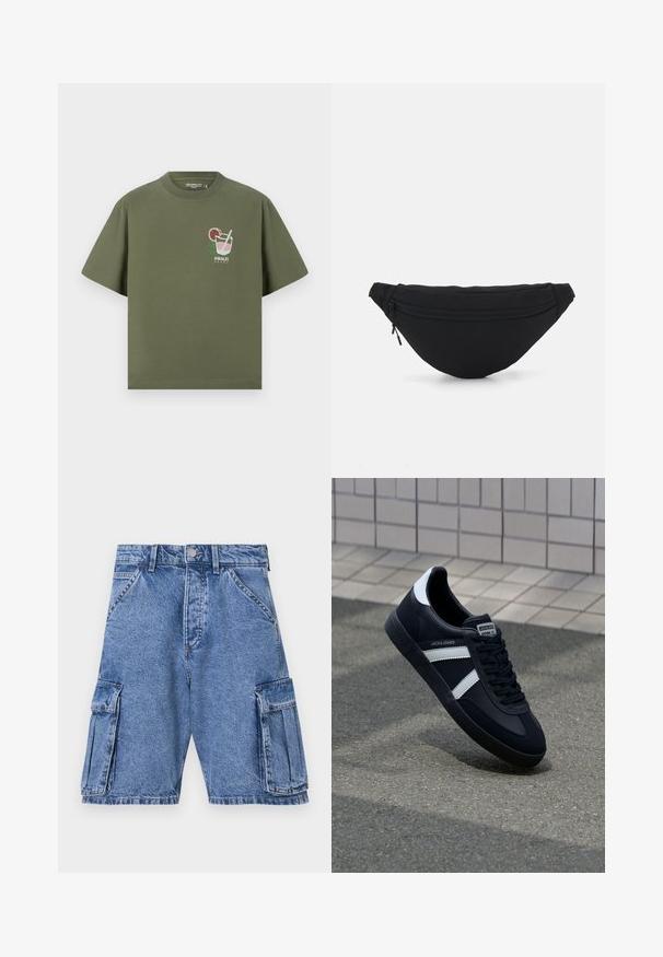 Olijfgroen katoenen t-shirt met korte mouwen, met een geprint ontwerp van een cocktailglas en de tekst "AMALFI COAST" in het wit eronder.; Blauwe denim cargoshorts met een hoge taille, meerdere cargozakken aan de zijkanten en een klassieke vijf-pocket stijl. Stonewashed textuur.; Zwarte leren sneaker met witte strepen, een gestructureerde rubberen zool en vetersluiting aan de voorkant. Voorzien van een merklabel op de tong.; Zwarte stof heuptas met een afgeronde vorm, voorzak met rits en een gladde textuur. Geen zichtbare patronen of accenten. Lichtgewicht ontwerp.