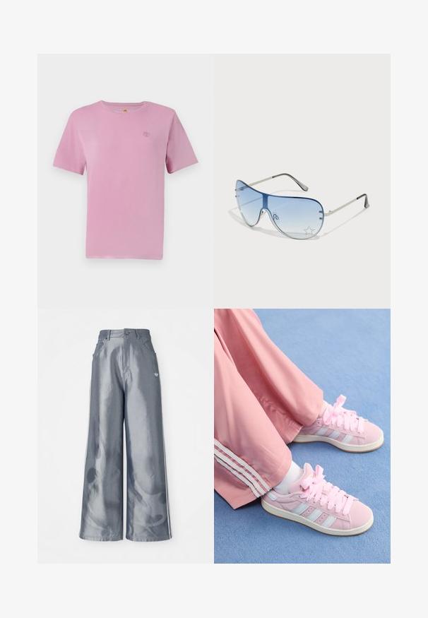 Korte mouwen roze katoenen t-shirt met een klein geborduurd logo op de borst. Glad textuur en klassiek ronde hals ontwerp.; Zijde-brede broek van glanzend grijs materiaal, met witte zijstreep en een vlampatroon op de onderbenen. Knopen- en ritssluiting in de taille.; Roze sportieve schoenen met lichtblauwe strepen, ronde neuzen en dikke roze veters, gecombineerd met roze trainingsbroeken met witte zijstrepen.; Aviator zonnebril met een gradient blauwe lens, zilveren metalen frame en decoratieve sterrenaccenten op de lens. Glad en strak ontwerp.