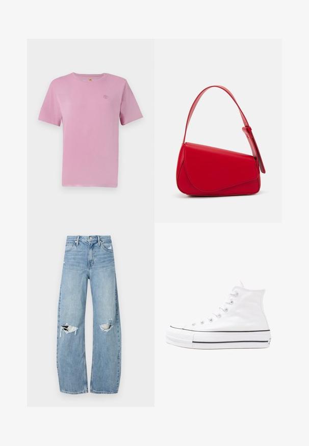 Ružičasta pamučna majica kratkih rukava s malim izvezenim logom na prsima. Glatka tekstura i klasičan dizajn s okruglim izrezom.; Svijetloplave, visoko-strukirane traperice. Imaju široke nogavice, dva razderana područja na koljenima i klasičan stil s pet džepova.; Bijela visoka platnena tenisica s crnom gumenom potplatom, prednjim gumenim zaštitnikom prstiju i šest rupa za vezanje, s čistim, minimalističkim dizajnom.; Crvena kožna torba s kutnim, geometrijskim dizajnom. Ima jedan podesivi remen i preklopni zatvarač sa šivenim detaljima.