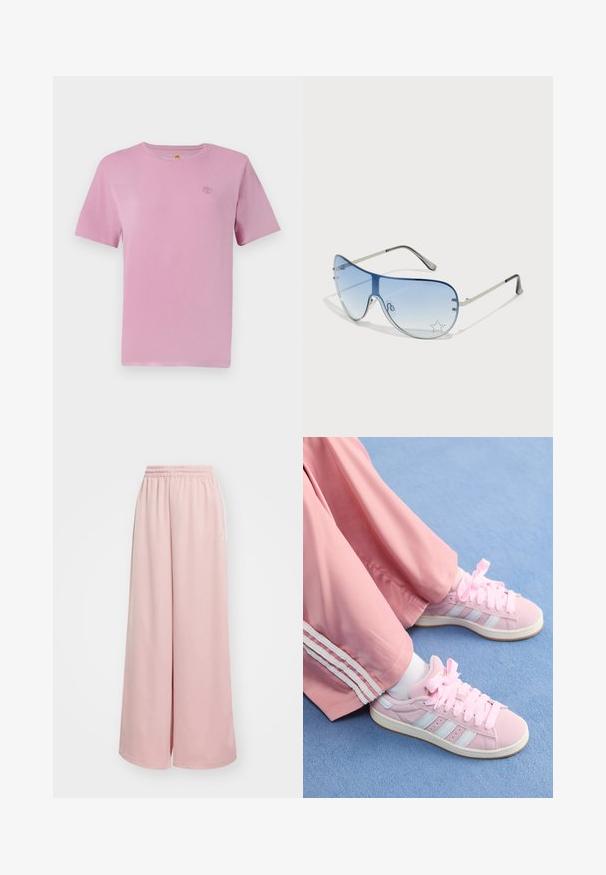Rozā kokvilnas t-krekls ar īsām piedurknēm, kuram uz krūtīm ir maza izšuvuma logo. Gluda tekstūra un klasiskā apaļā kakla dizains.; Gaiši rozā platās bikses ar elastīgu jostasvietu. Gluda auduma, ar sānu kabatām un smalku zīmolu uz kreisās kājas.; Rozā sporta apavi ar gaiši ziliem svītrām, apaļu purngali, un bieziem rozā auklītēm, apvienoti ar rozā sporta biksēm ar baltām sānu svītrām.; Pilotstila saulesbrilles ar gradienta zilām lēcām, sudraba metāla rāmjiem un dekoratīvām zvaigžņu akcentiem uz lēcām. Gluda un eleganta dizaina.