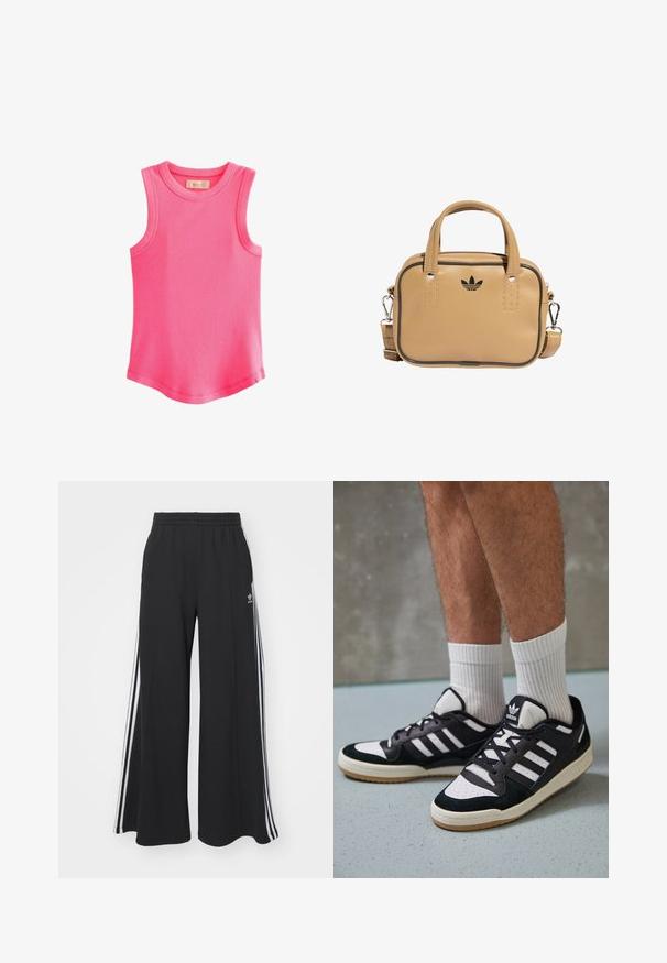 Next RACER STANDARD - Top - fluro pink; Zwarte wijde sweatpants met een elastische tailleband, met witte zijstrepen en een geborduurd logo op de linker dij.; Zwart-witte sneakers met een bovenwerk van suede en leer, voorzien van drie witte strepen, een geperforeerde neus en een rubberen gumzool.; Bruine vegan leren tas met twee handgrepen, een afneembare schouderriem, zwarte accentstiksels en een klein zwart logo aan de voorkant.