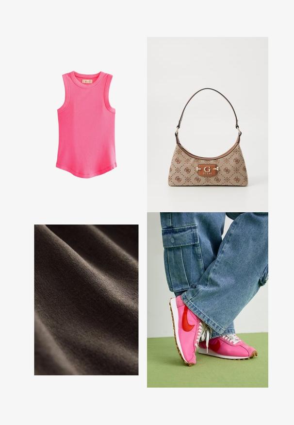 Next RACER STANDARD - Top - fluro pink; Țesătură de culoare maro închis, cu o suprafață netedă și texturată, având cute subtile și un aspect moale, mat. Ideală pentru diverse aplicații textile.; Adidași din plasă roz și piele întoarsă cu accente roșii, șireturi albe și tălpi din cauciuc. Purtați cu pantaloni de blugi largi cu buzunare laterale.; Geantă tip tote din material bej, cu accente maro cu model. Prezintă o formă curbată, o singură curea și o placă cu logo în față, cu accesorii din metal argintiu.