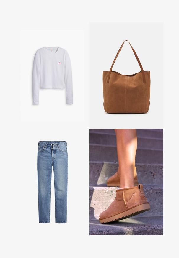 Weißes Langarm-T-Shirt aus Baumwolle. Hat einen runden Halsausschnitt und ein kleines rotes Levi's-Logo-Patch auf der linken Brust.; Helle blaue Jeans im geraden Schnitt, mit fünf Taschen und einem Knopfverschluss. Sie weisen dezente Verfärbungen und orangefarbene Nähte auf.; Beige Wildleder-Ankelstiefel mit weicher Textur, gesteppten Details und einer Gummisohle, ausgestattet mit einer Schlaufe an der Ferse für einfaches An- und Ausziehen.; Braune Wildleder-Tote mit zwei langen Henkeln, die eine glatte Textur, ein einfaches Design und keine sichtbaren Beschläge oder Akzente aufweist.