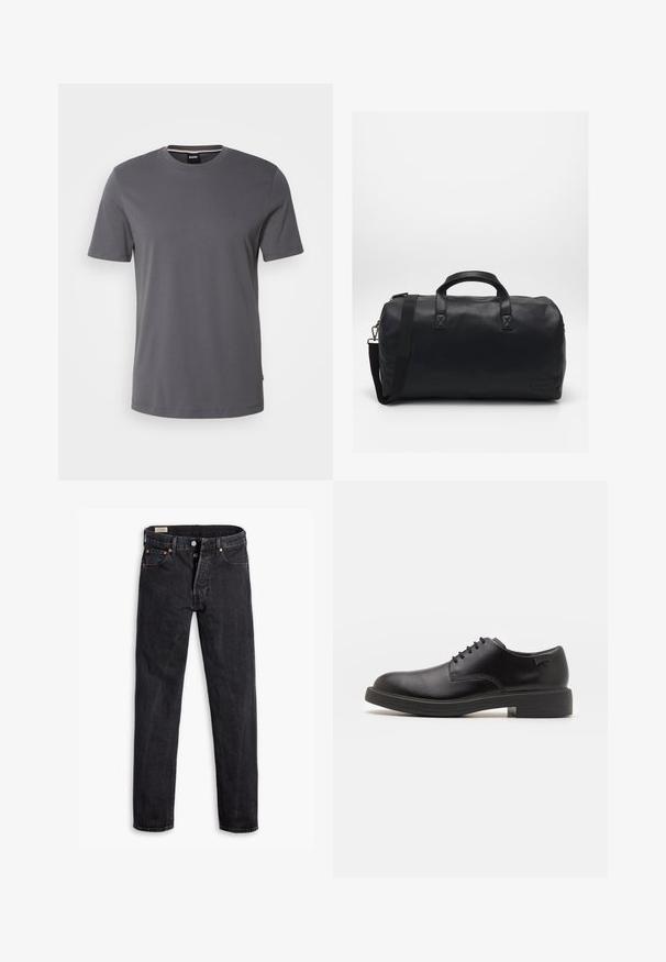 BOSS THOMPSON - Základné tričko - medium grey; Čierne džínsy z denimu so rovnými nohavicami. Obsahujú päť vreciek, dva predné gombíkové zapínania a jemné kontrastné švy. Matná textura.; Čierne kožené šnurovacie topánky s okrúhlou špičkou, hladkým povrchom, minimálnym prešívaním a nízkym gumovým podpätkom. Logo na podpätku.; Čierna športová taška vyrobená z textúrovaného syntetického materiálu. Má dve uši a nastaviteľný ramenný popruh. Jednoduchý dizajn bez viditeľných vzorov.