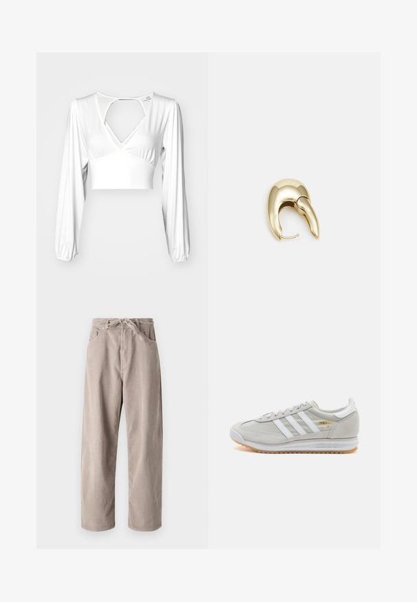White long-sleeve crop top with a deep V-neck and cut-out back detail, featuring gathered fabric at the sleeves for a textured look.; Beige corduroy trousers with a loose fit, featuring a drawstring waist, two front pockets, and vertical ribbed texture.; Light grey sneaker made of suede and mesh, featuring three white stripes, round toe, and a gum rubber sole. Gold logo accent near laces.; Gold-tone metal earring with a sleek, curved design. Features a distinctive pointed shape, polished surface, and hinge closure.