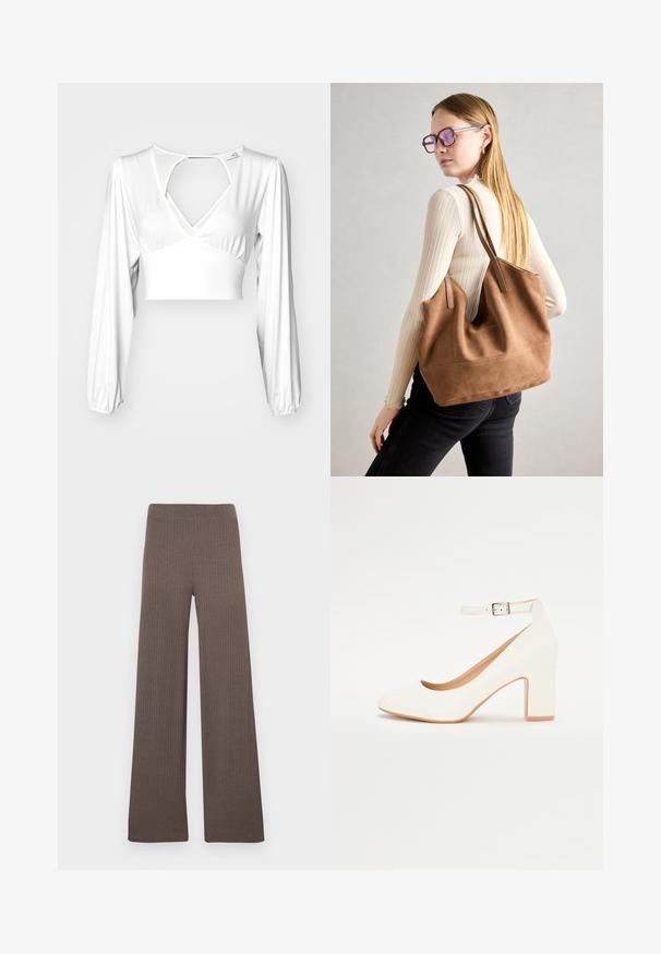Top crop branco de mangas longas com decote em V profundo e detalhe nas costas recortado, apresentando tecido franzido nas mangas para um visual texturizado.; Calças largas caneladas em cor castanho escuro, com cós elástico e tecido macio e texturizado.; Sandalha branca de salto alto com ponta afiada, salto bloco e tira no tornozelo. Acabamento suave com um brilho subtil e forro bege.; Bolsa tote em camurça castanha com textura suave, grande abertura e alças longas. Apresenta um design simples com costuras visíveis e sem acessórios.