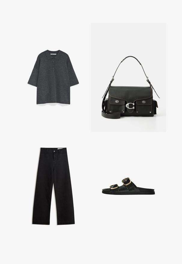 Donkergrijze polo met korte mouwen, een kraag en vijf knopen. Zachte, gestructureerde stof met een ontspannen pasvorm.; Zwarte denim broek met wijde pijpen en een hoge taille, voorzien van voor- en achterzakken, gestikte naden en een knoopsluiting. Gladde textuur.; Zwarte slipper met twee gouden gesps, gladde textuur, platte zool en een minimalistisch ontwerp.; Zwarte leren handtas met een klep-sluiting, zilverkleurige hardware, twee voorzakken, contrasterende stiksels en een afneembare schouderriem.