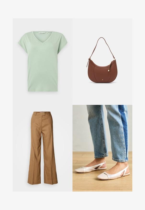 Mint green V-neck T-shirt with short sleeves, made of soft fabric, featuring a relaxed fit and no patterns or visible hardware.; Brown wide-leg pants made of lightweight fabric. Features a flat front, belt loops, and a tailored silhouette with an ankle-length cut.; Pale pink slingback flats with a pointed toe, made from a smooth leather-like material. Features cut-out details at the sides and a flat heel.; Brown faux leather shoulder bag with curved shape, minimal stitching, and a gold-tone hardware accent. Features a top zipper closure and adjustable strap.