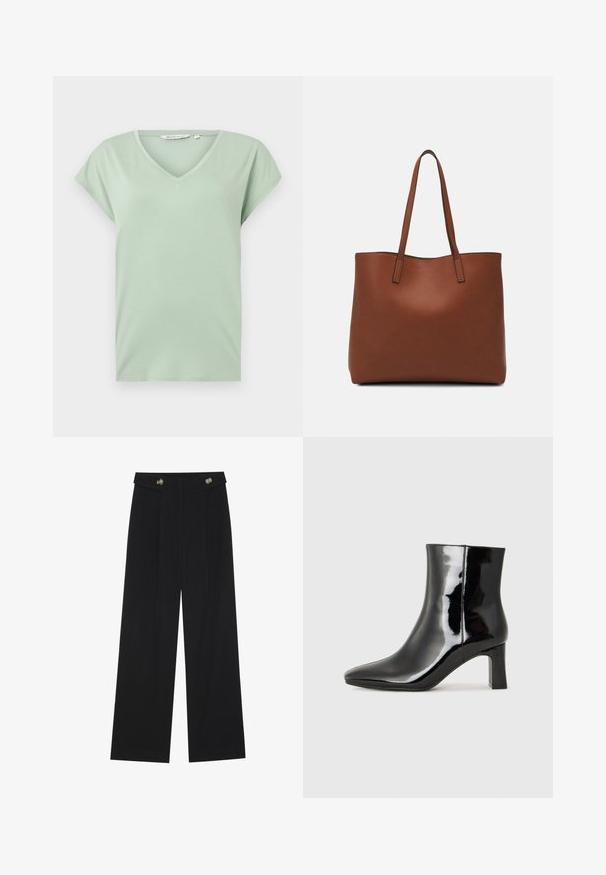 Mündroheline V-kaelusega T-särk lühikeste varrukatega, valmistatud pehmest kangast, lõdva istuvusega, ilma mustrite ja nähtava riistvarata.; Mustad laiad püksid kõrge vöökoha ja nööpdetailidega vööandil, esikortsudega.; Must-sinine nahkjalats musta läikiva viimistlusega, millel on terav nina ja keskmise kõrgusega plokk konts. Sile tekstuur ja minimalistik disain.; Pruun nahast tote-kott, millel on sile tekstuur, avatud ülaosa disain ja kaks õlarihma. Omab minimaalset õmblust ja nähtavat riistvara ei ole.