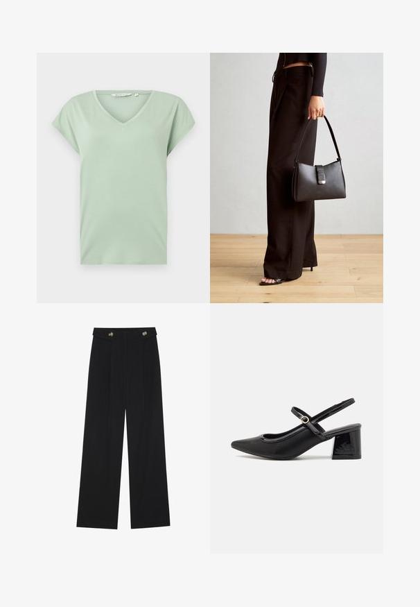 T-shirt verde menta com decote em V e mangas curtas, feita de tecido macio, apresentando um corte relaxado e sem padrões ou acessórios visíveis.; Calças largas pretas com cintura alta, detalhes em botão na cintura e pregas frontais.; Sabrinas de cerâmica preta com salto bloco, bico apontado e um design com recortes arredondados. Apresenta um detalhe em fivela de tom dourado.; Bolsa preta com forma estruturada, textura suave e um fecho metálico. Combinada com calças largas pretas e sandálias de salto aberto sobre um chão de madeira.