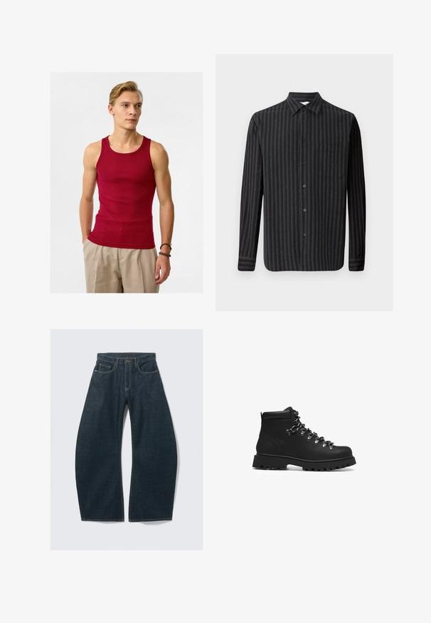 Rode geribbelde tanktop met een ronde halslijn, een slim fit ontwerp en een gladde textuur, gecombineerd met beige broeken.; Samsøe Samsøe LIAM SHIRT - Overhemd - castor gray; Donkerblauwe wijd uitlopende jeans van denim, met vijf zakken, zichtbare stiksels, een knoopsluiting en een nette afwerking.; Zwarte leren wandelschoenen met een stevige rubberen zool, metalen veterhaken en een hoge enkelontwerp voor ondersteuning en duurzaamheid.