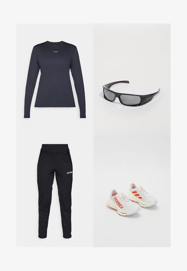 Marinblå långärmad träningströja med rund halsringning, tillverkad av texturerat material; har en liten vit "Salomon"-logotyp på bröstet.; Svarta träningsbyxor med ett mjukt tyg, som har en figurnära design, fickor med dragkedja och en texturerad del vid underbenet. Logotyp tryckt på framsidan.; Vita löparskor med oranga detaljer. Nätmaterial, rund tå och tjock mellansula. "TERREX" tryckt på den laterala sidan och tre ränder på hälen.; Svarta Oakley-wraparound-solglasögon med mörka rektangulära linser och böjda armar på en helt vit bakgrund.