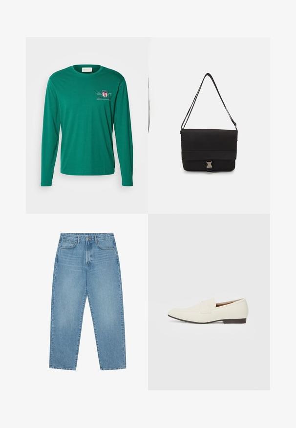 GANT MEDIUM ARCHIVE SHIELD - Long sleeved top - deep forest green; Light blue denim wide-leg jeans with a high waist, featuring five pockets, belt loops, and a soft, slightly faded texture.; Light beige loafers with a pointed toe, smooth material, a strap across the vamp, and a low brown sole. Simple design with minimal accents.; Black messenger bag made of smooth material, featuring a fold-over flap, silver clasp hardware, and an adjustable shoulder strap.