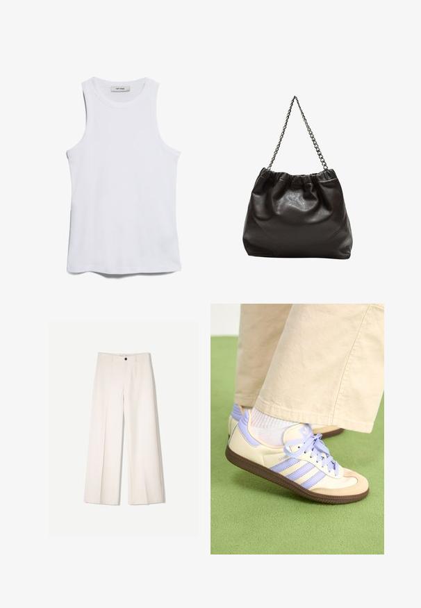 Canottiera bianca a costine con scollatura rotonda e ampie aperture per le braccia. Presenta una superficie liscia e un orlo dritto. L'etichetta riporta "IVY OAK."; Pantaloni larghi color crema con design sartoriale, dotati di due tasche frontali e una chiusura con bottone anteriore, realizzati in tessuto liscio.; Sneakers crema e lavanda con tre strisce e suola marrone texturizzata, dotati di lacci e tallone imbottito. Parte superiore in tessuto morbido.; Borsa in pelle marrone con parte superiore arricciata e tracolla a catena. Texture liscia con finitura lucida e dettagli di cucitura sottili sui lati.