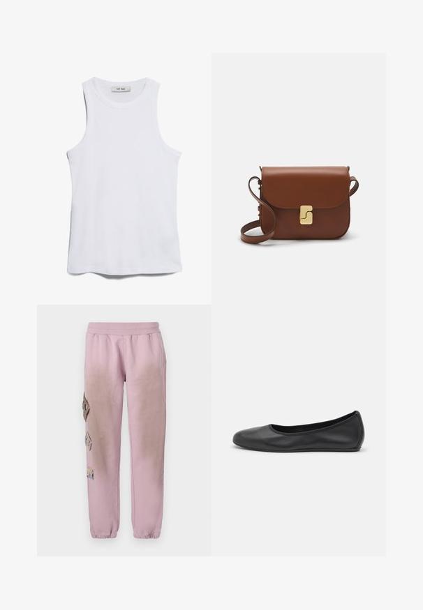 Fehér bordázott Spartacus, kerek nyakkal és széles karlyukakkal. Simás textúrával és egyenes aljú kialakítással rendelkezik. A címkéjén "IVY OAK" felirat található.; Rózsaszín melegítőnadrág elasztikus derékkal, bal oldalon gyémánt alakú dekoratív foltokkal és elasztikus szárakkal az bokákon.; Fekete bőr balettcipő lekerekített orral, sima tekstúrával, minimális varrással és rugalmas talp kialakítással.; Barna bőr kézitáska, hajtókás zárással, arany színű fém kiegészítőkkel, vállpánttal és sima felülettel. Kompakt téglalap alakú.