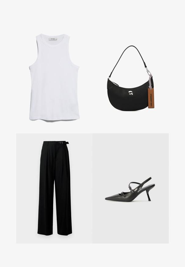 Weißes, geripptes Tanktop mit Rundhalsausschnitt und weitenArmausschnitten. Es hat eine glatte Textur und einen geraden Saum. Das Etikett trägt die Aufschrift "IVY OAK."; Schwarze weit geschnittene Hosen mit hoher Taille, Falten an der Vorderseite und einem Gürtel mit Schnalle. Hergestellt aus glattem, leichtem Stoff.; Schwarzlederne Slingback-Absätze mit spitzer Zehenform, schlankem Absatz und dekorativem Schnallendetail auf dem Blatt. Glatte Textur und elegantes Design.; Schwarze Lederhandtasche mit einer genarbten Textur, geschwungener Form, Reißverschluss oben, silberner Hardware und einem braunen Etikett. Verfügt über ein Logo-Detail.