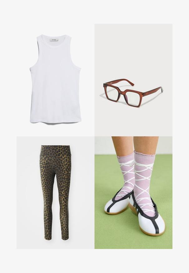 Witte geribbelde tanktop met een ronde hals en brede armsgaten. Heeft een soepele textuur en een rechte zoom. Etiket zegt "IVY OAK."; Leggings met luipaardprint, voorzien van een hoge tailleband, rekbare stof en zwarte accenten op een lichtbruine basis, ontworpen voor comfort en pasvorm.; Witte platte schoenen met een zwarte bies en zool, gecombineerd met lichtpaarse geribde sokken met witte kruislings banden. Geplaatst op een groene achtergrond.; Bruine oversized rechthoekige bril met heldere lenzen en een lichte roze tint op de rechterlens. Kunststof montuur met een fijne textuur.